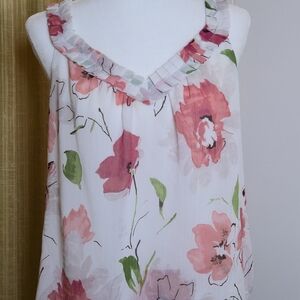 LOFT Pink and Green Floral Ruffle Blouse